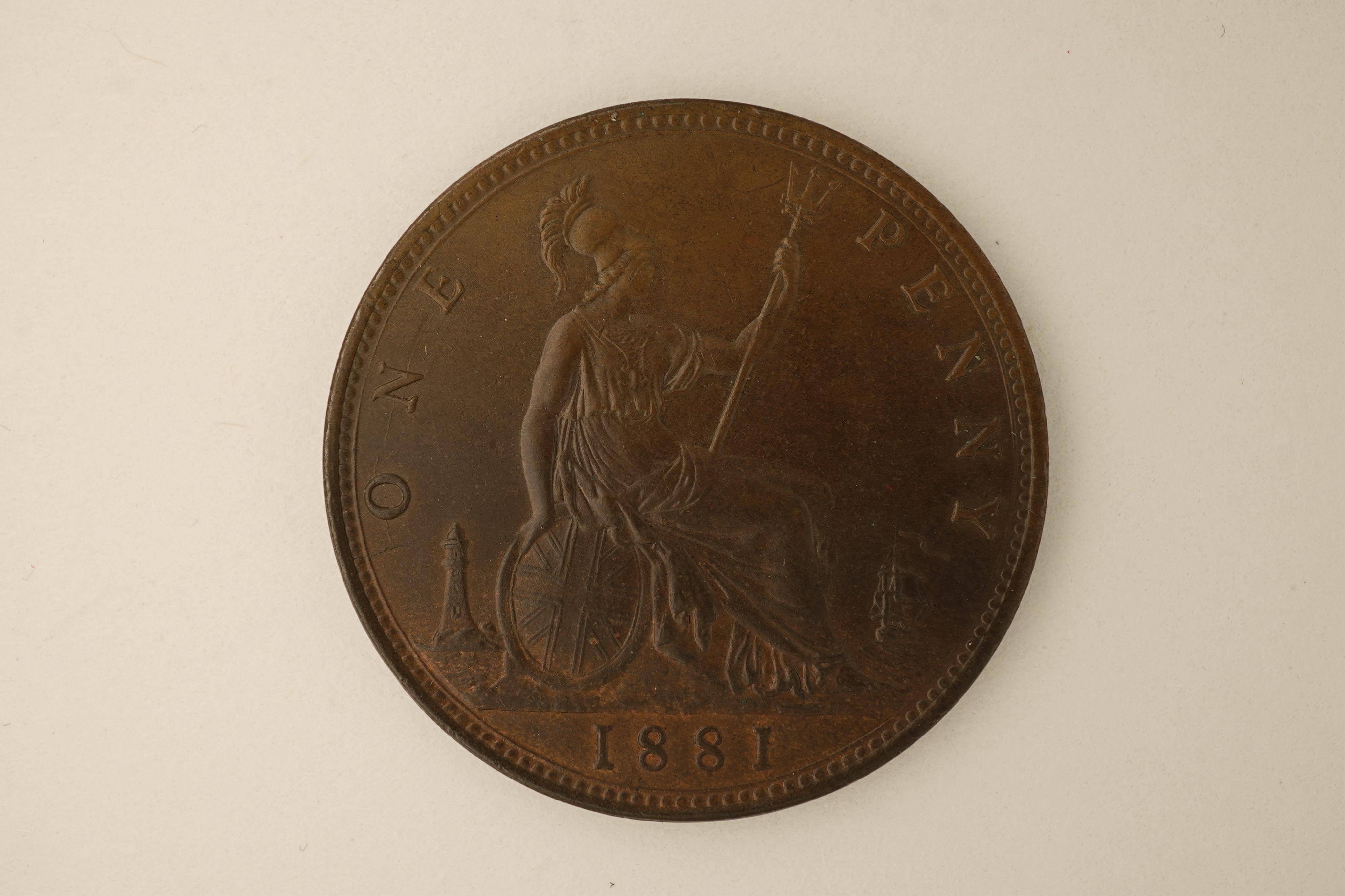 British coins, Victoria, four bronze pennies;, 1881, Fr. 102, Gouby dies M/k, light surface pitting to obv. otherwise near EF, dark toned, patches of lustre, 1882, H below date, Heaton mint, Fr. 115, Gouby dies R/r, cris